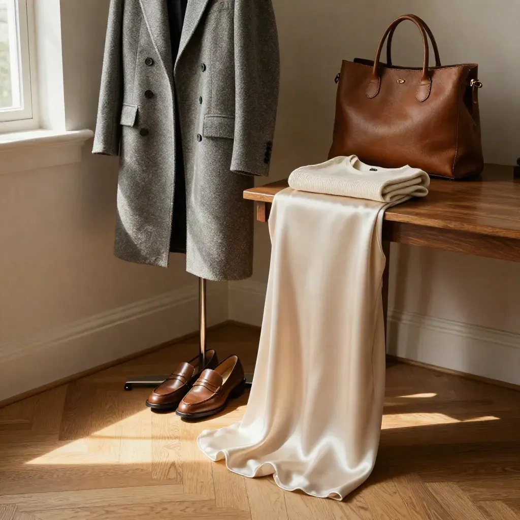 Cozy fashion still life with blazer, skirt, loafers and tote by a coat stand in window light