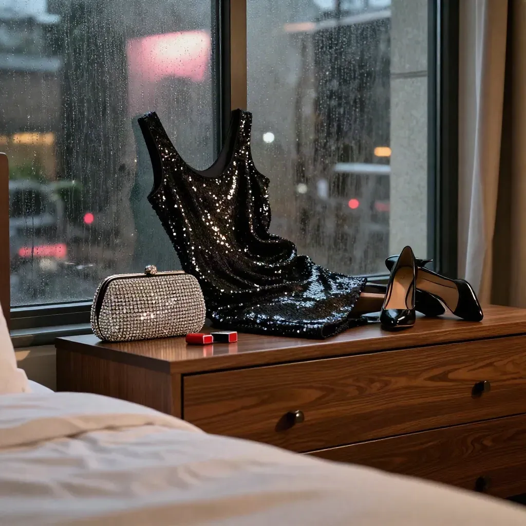 Black sequined dress, patent heels, crystal clutch and red lip case on a rain-lit hotel dresser.