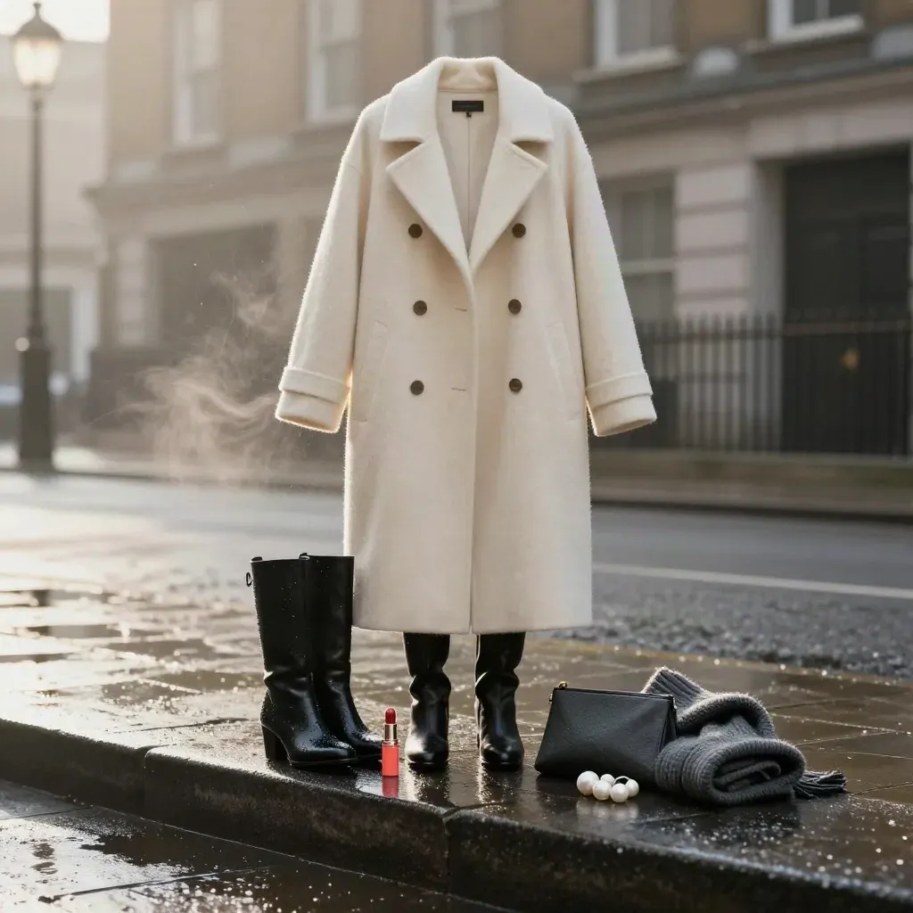 Ivory coat, black boots and coral lipstick on wet black stone in drizzly London mist.