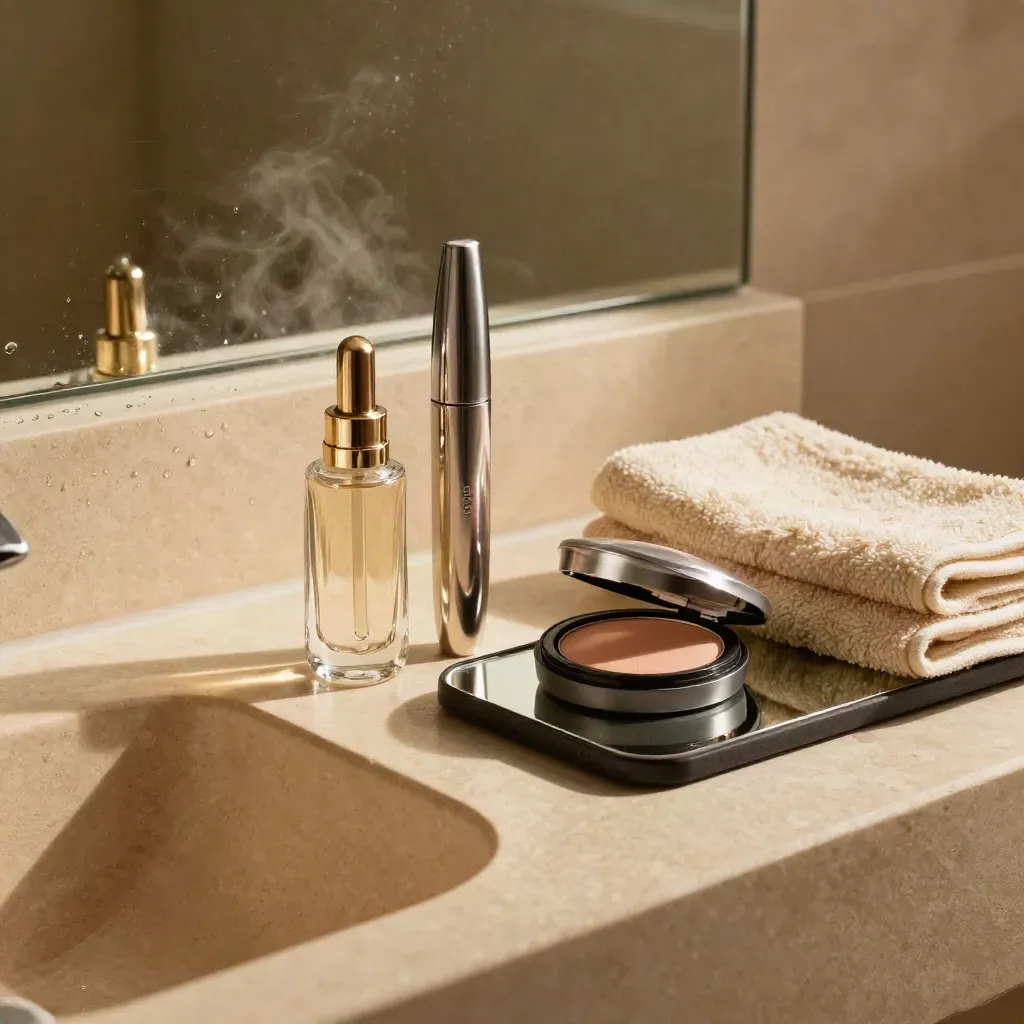 Serum, mascara and blush on a steamed bathroom sink ledge beside a towel