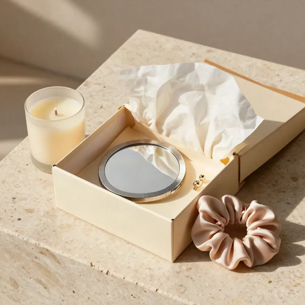 Gift parcel with candle, compact mirror, scrunchie and earrings on cream tissue