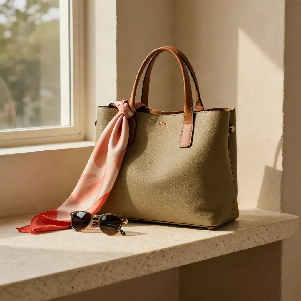 Tote and crossbody on a stone bench with sunglasses and scarf in warm window light