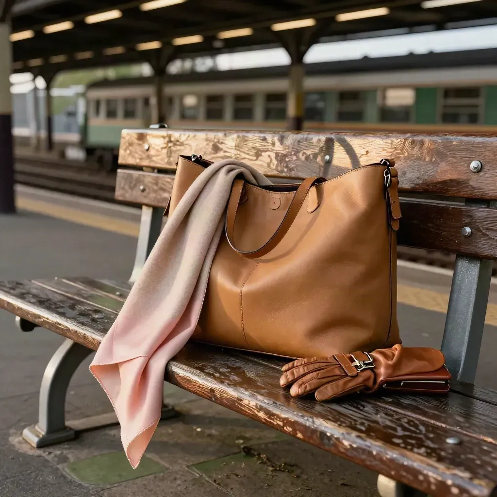 Oversized leather tote and slouchy bag on a station bench with scarf, gloves and compact case.