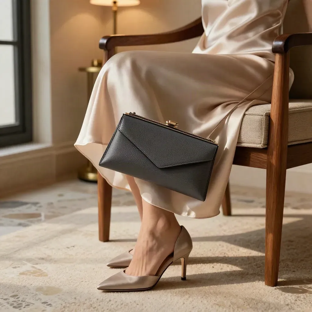Slip dress, heels and charcoal clutch draped on a hotel chair in warm window light.