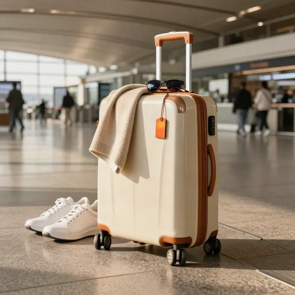 Airport carry-on kit with wrap, trainers, pouch and sunglasses on a terminal floor