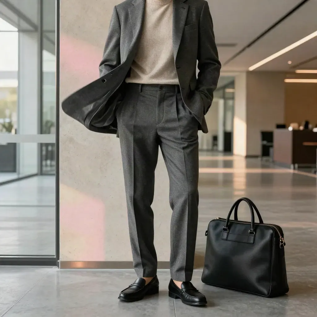 Workwear pieces mid-sway in a modern office lobby, blazer open over knit with trousers, loafers and bag.