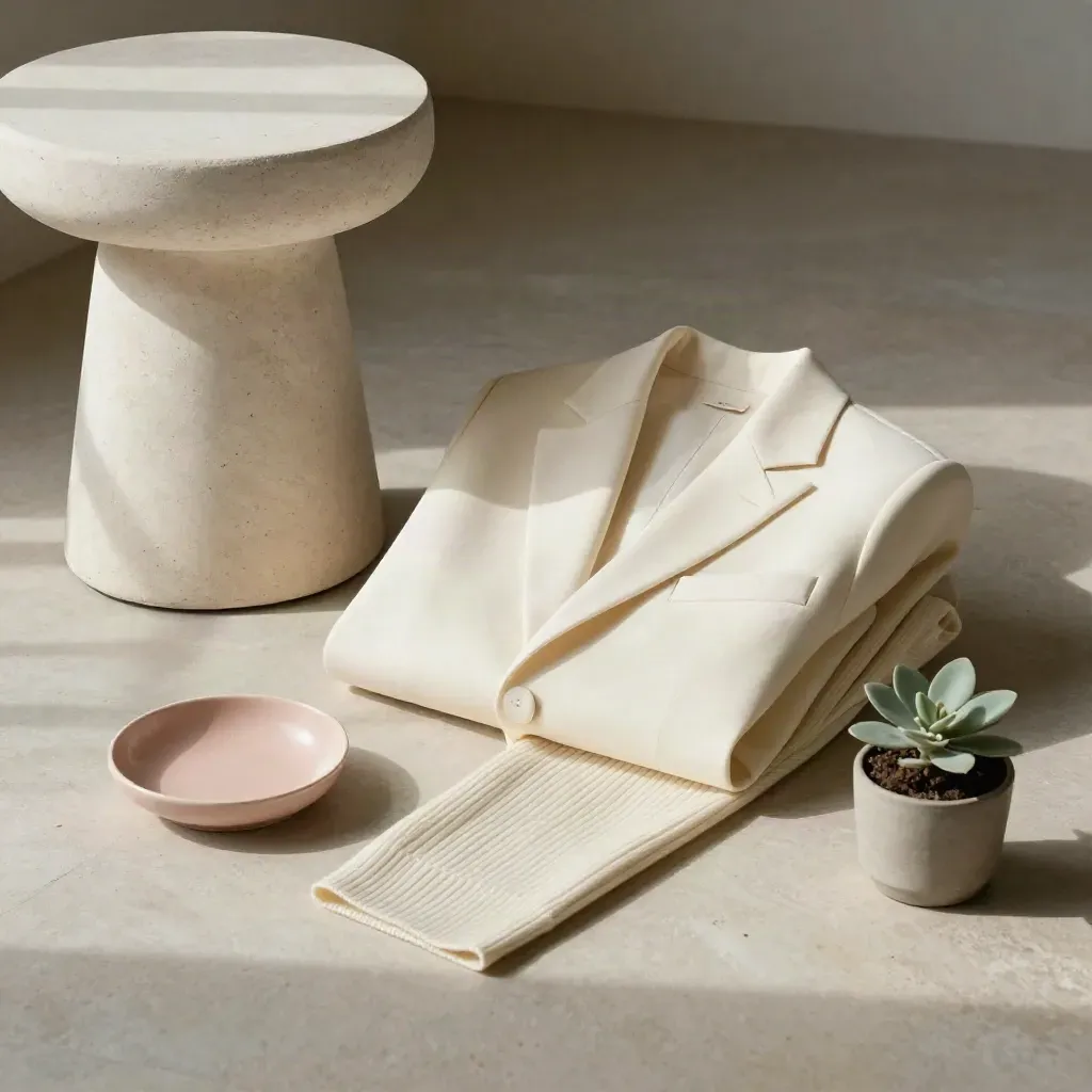 Ivory blazer flatlay with knit, dish and plant on pale stone for Outfit Ideas