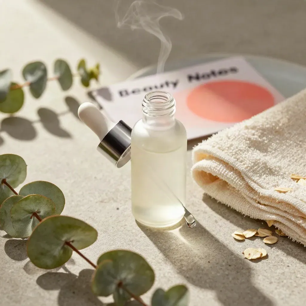 Serum bottle, towel, eucalyptus and ceramic tray with soft steam