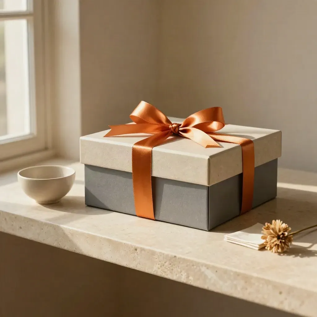 Ribboned gift box with ceramic bowl, tissue square and dried flower on a stone shelf.