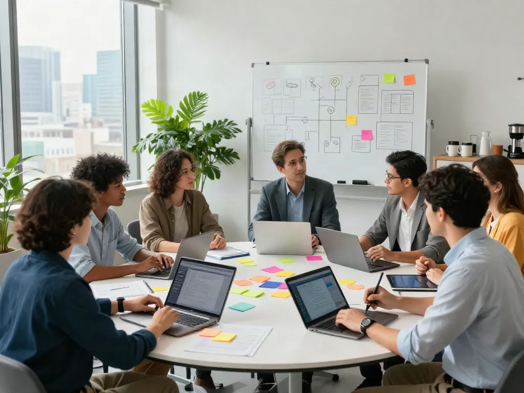 Professionals collaborating to find more innovative solutions in a bright office environment.